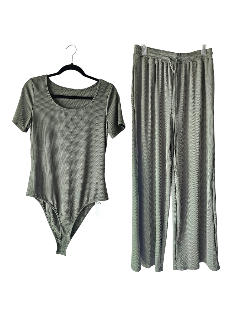 NWT LARGE Olive Ribbed Lounge Set Bodysuit + Wide Leg Pants Matching Set.